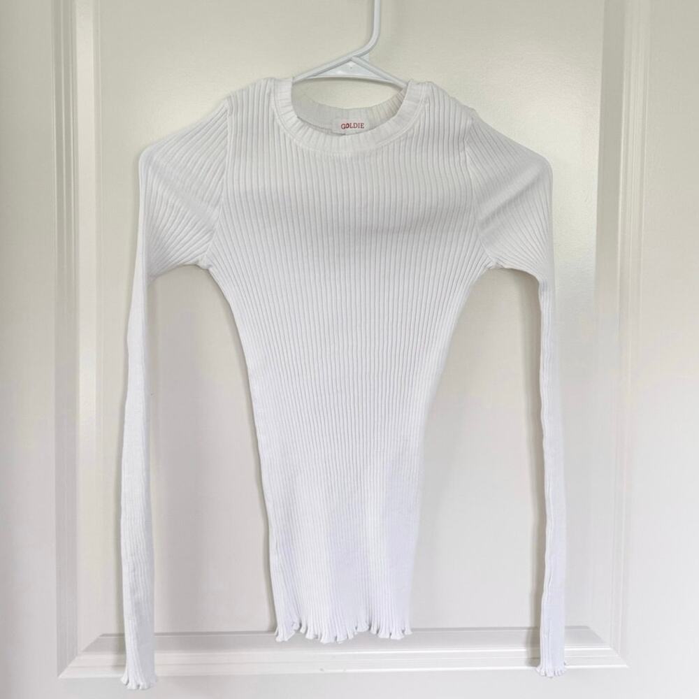 GOLDIE Ribbed Modal Blend Lettuce Hem Stretch Long Sleeve Top White XS